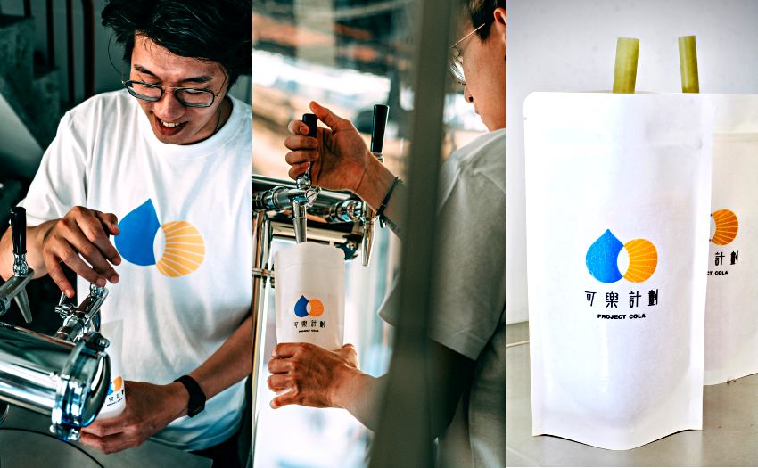 Project Cola 可樂計劃白天時段的店內空間，藍色氣泡意象延伸街角視覺