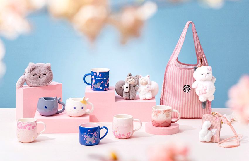 星巴克春季貓咪與櫻花主題系列馬克杯及生活包袋配件。