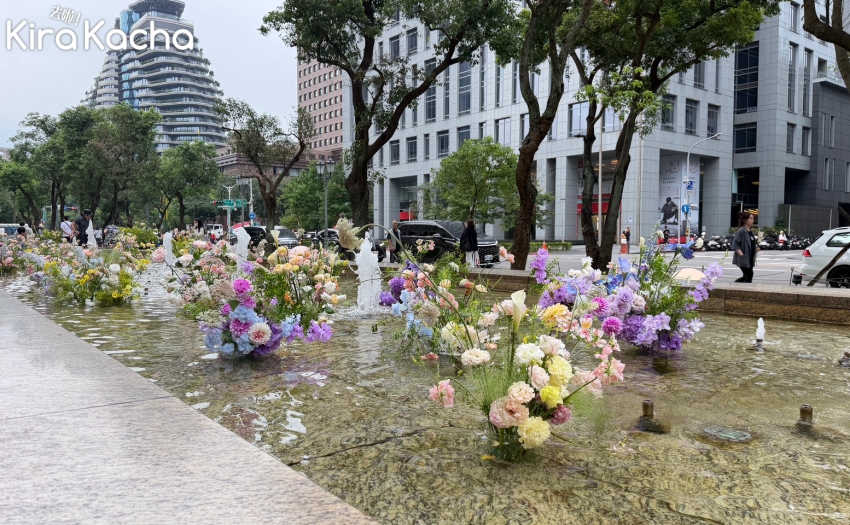 台北信義區春季賞花，BELLAVITA地中海花園與戶外噴水池花海限時登場。