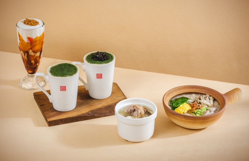 春水堂冬季新品同桌呈現,包含芋頭粥、龍井雞湯與茶飲。圖/春水堂提供