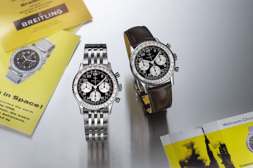 百年靈Navitimer B02 Cosmonaute腕錶搭配精鋼錶鏈與棕色皮錶帶。圖/百年靈提供